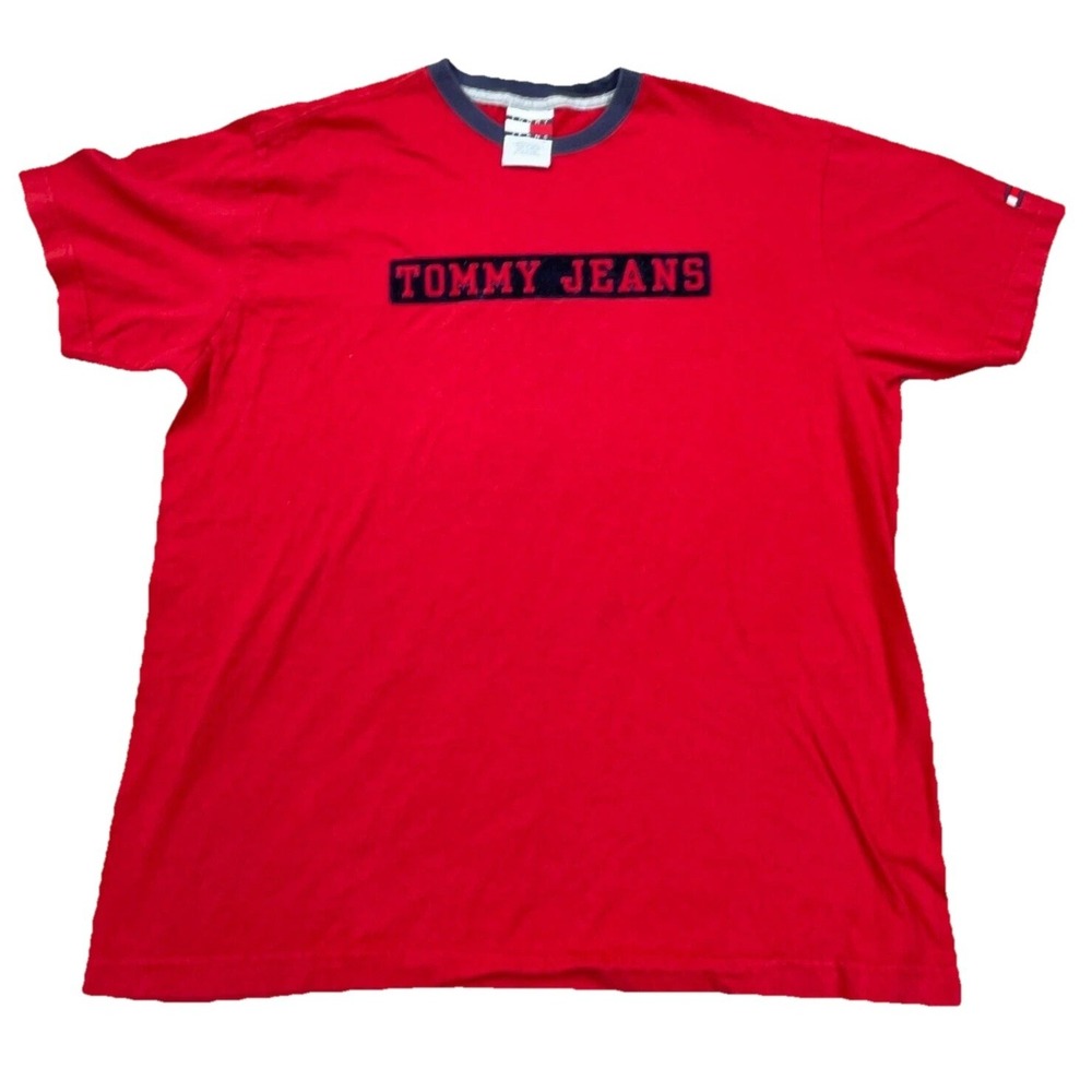 Vintage Tommy Hilfiger Shirt Men Medium Red Blue Spell Out‎ Tee Y2K Ringer Adult